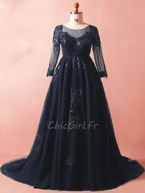 Robe De Soirée Grande Taille Manche Longue Bleu Marine Tulle Avec Dentelle